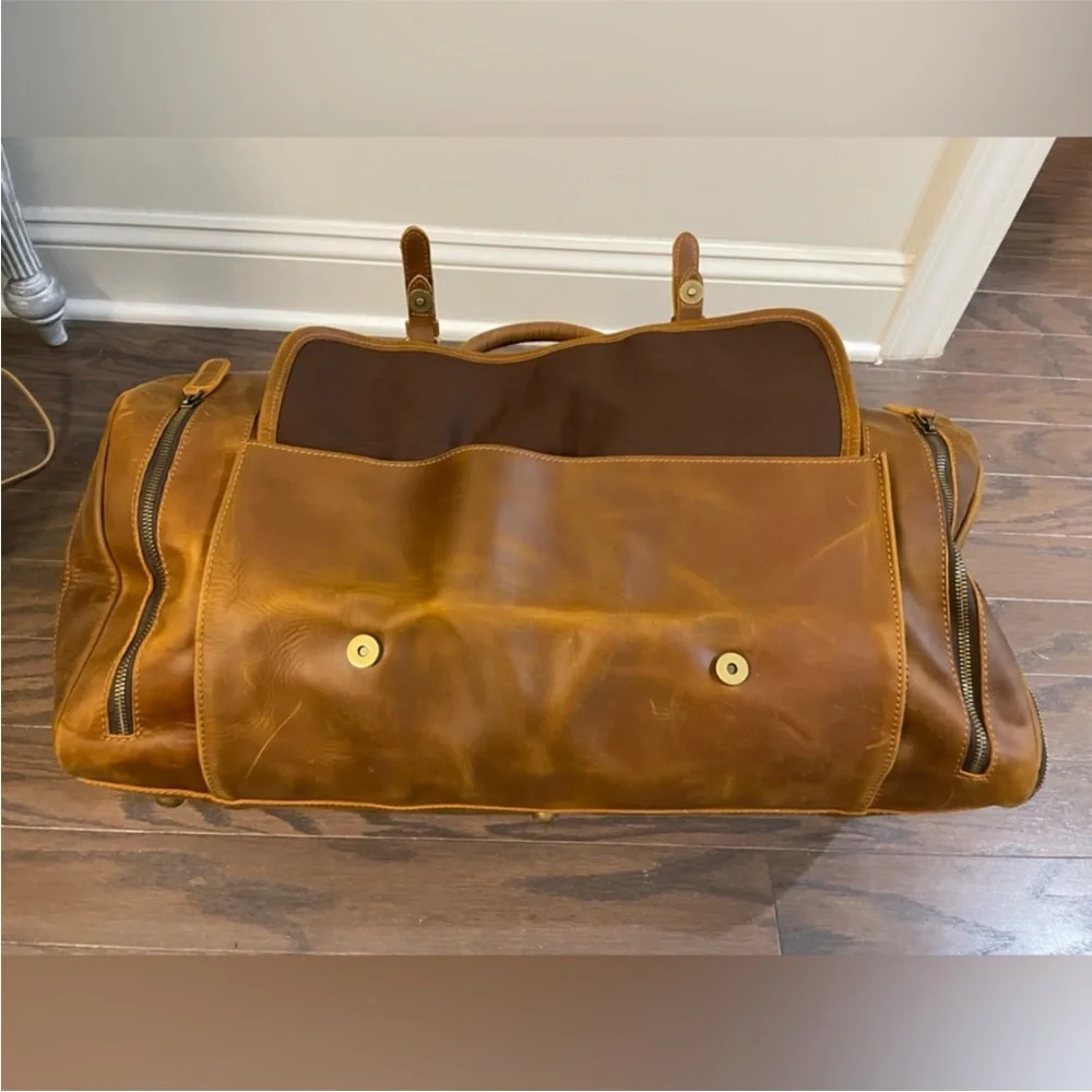 COGNAC LEATHER WEEKEND TRAVEL DUFFLE BAG LARGE
